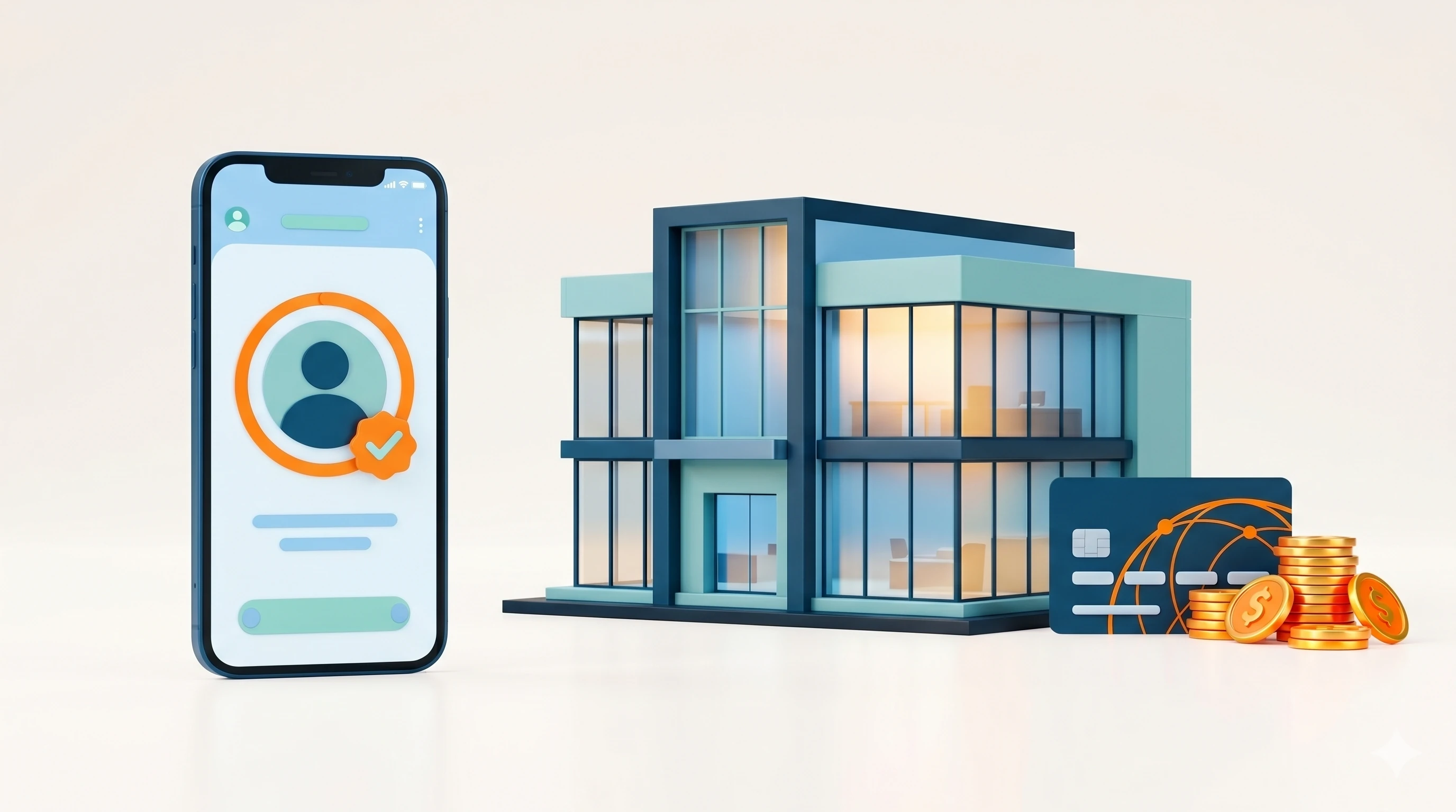 Banking illustration with verified identity, payment card and financial elements in a clean trustworthy scene.