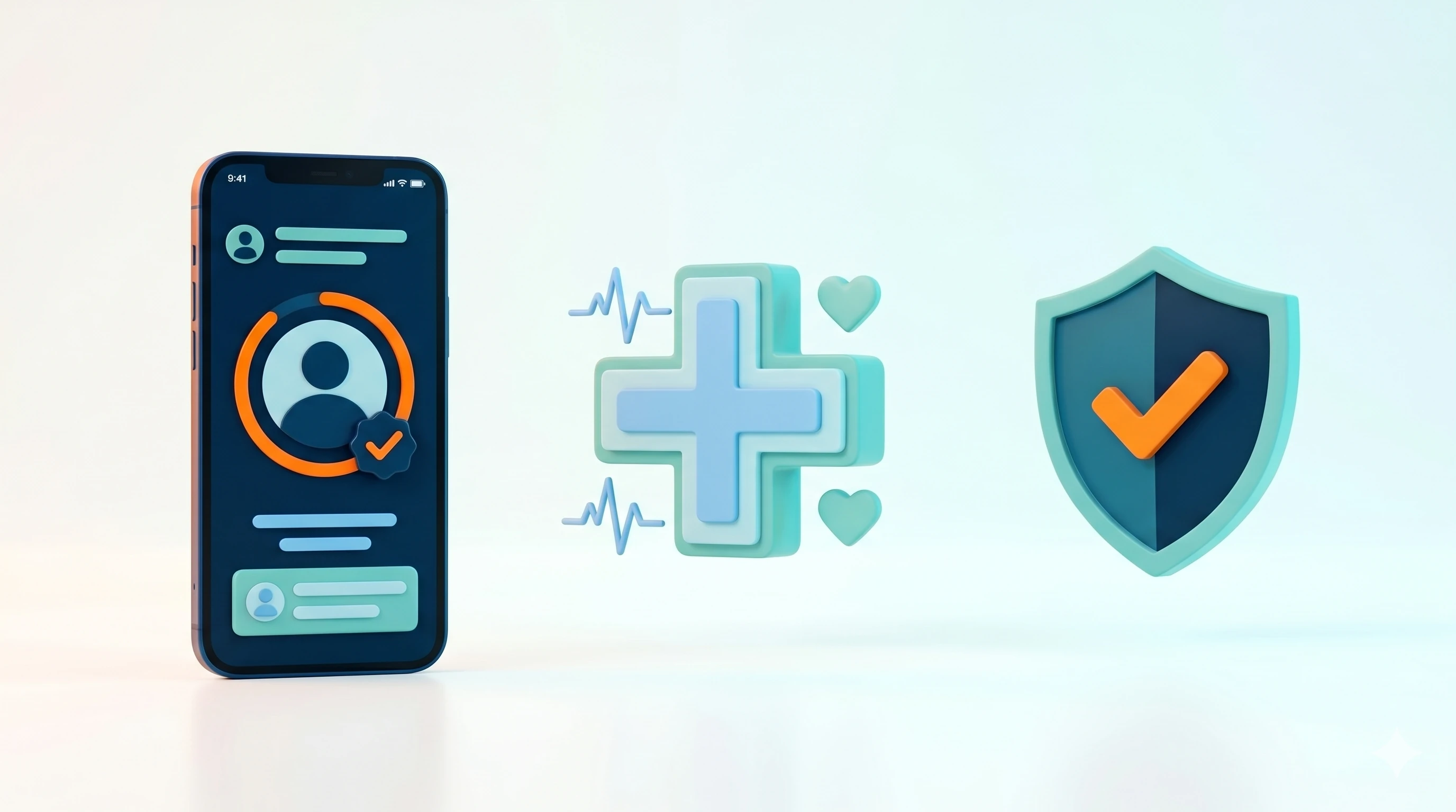 Secure healthcare identity illustration with a mobile device, patient verification and a subtle medical motif.