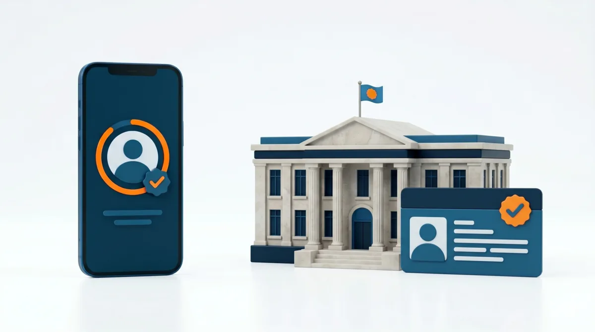 Digital public services illustration with mobile document verification and a restrained institutional motif.